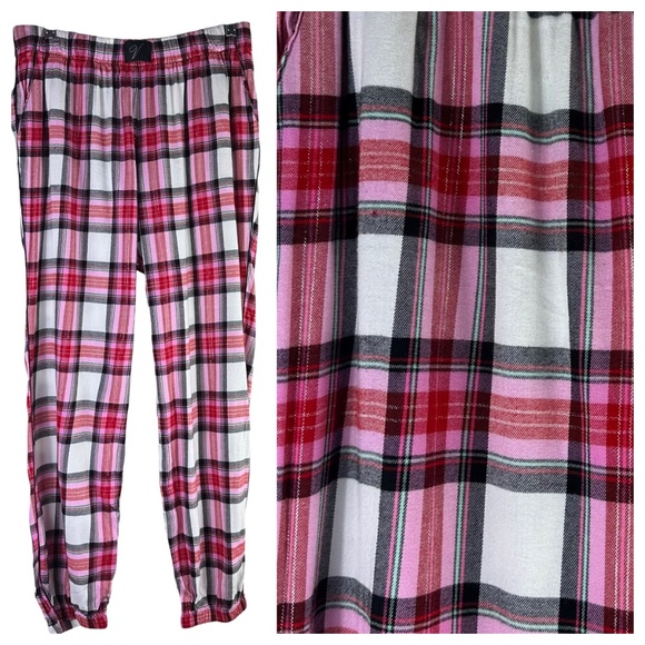 New Victoria's Secret Sz Medium 8 10 Pajama PJ Pants Plaid Pink White Holiday - Picture 2 of 5